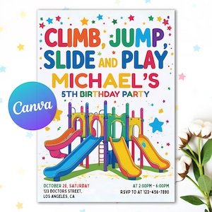Faire-part d&#39;anniversaire modifiable pour aire de jeux, aire de jeux intérieure rebondissante, modèle d&#39;invitation à une fête dans la jungle, jeu doux, escalade, téléchargement immédiat