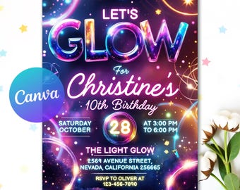 Glow Crazy Geburtstagseinladung, Neon Glow-Einladung, Glow Party Geburtstagseinladung, bearbeitbare Canva Vorlage, digitaler Download