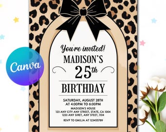 Invitación de cumpleaños con estampado de guepardo, fiesta de coqueta con lazo negro imprimible, plantilla editable de Canva, descarga digital