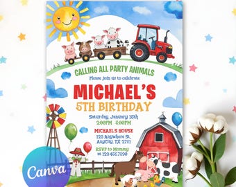 Farm Animals Party Invites, Ranch Kids Birthday Invitation, Farm Birthday Invitation, Boy Barnyard Birthday Party, Printable Template