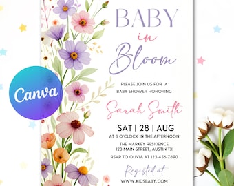 Baby in Bloom Invitation, Butterfly Baby Shower Invitation Girl, Pink Purple Butterflies Wildflower Invite, Printable Instant Download