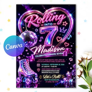 May include: A neon-themed birthday invitation featuring a large glowing heart, a disco ball, and a roller skate. Text includes Rolling into 7, Madison, celebrates turning seven, and party details for Saturday, September 28, 2026, at Neon Wheels Roller Rink.