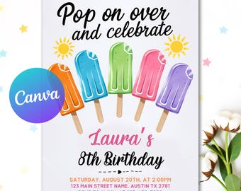 Editable Popsicle Birthday Invitation, Summer Birthday Invitation, Pop On Over Popsicle Party Invite, Icecream Invite, Printable Template