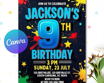 Boy Birthday Invitation, 9Th Boy Birthday Invitation, Boy Birthday Invites, Instant Download Boy Number Invitations, Editable Canva Template