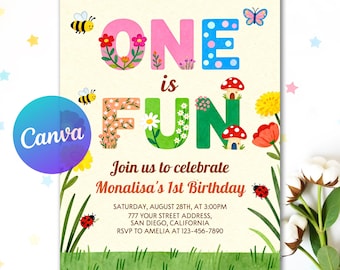Modello di invito per il primo compleanno "Fun to Be One", invito digitale per il primo compleanno "Fun to Be One", invito colorato per il primo compleanno, modificabile su Canva
