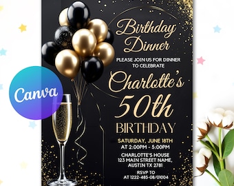 Black & Gold Birthday Invitation, Digital Party Flyer Template, 50th Black Tie Glam Invite, Editable Canva Birthday Invite