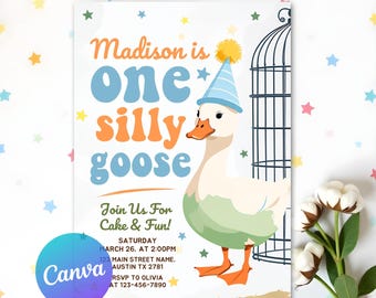 One Silly Goose verjaardagsuitnodiging, jongen 1e verjaardagsuitnodiging, Blue Goose 1e verjaardagsuitnodiging, trendy eerste verjaardag Evite
