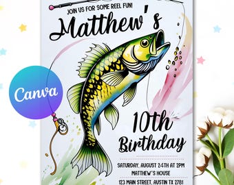Plantilla editable de invitación de cumpleaños de pesca, invitación de pesca, invitación de cumpleaños de pesca, disfruta de la diversión, invitación de cumpleaños de niño imprimible