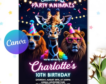 Party-Tier-Einladung, Safari-Geburtstags-Einladung, Dschungel-Geburtstags-Einladung, Neon-Tier-Geburtstags-Einladung, bearbeitbare Canva