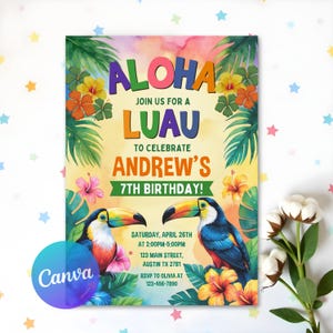 Luau Birthday Invitation Template, Aloha Birthday Hawaiian Invite, Tropical Hawaiian Aloha Birthday Invite, Hibiscus Invite Instant Download