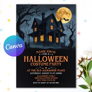 Halloween Invitation, Haunted House Halloween Costume Party, Printable Halloween Party Invitation for Adults, Editable Canva Template