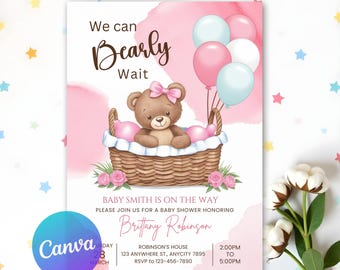 Editable Brown Bear Balloon Baby Shower Invitation, We Can Bearly Wait Baby Shower Invite, Girl Teddy Bear Baby Shower Invitation Template
