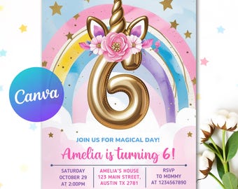 6th Unicorn Party Invite, 6th Birthday Invitation Girl, Sixth Birthday Invite, Magical Pastel Rainbow Invitation Instant Download