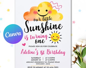 Our Little Sunshine Birthday Invitation, Boho Sun 1st Birthday Invite, Rainbow Sunshine 1st Birthday Invitation, Printable Template