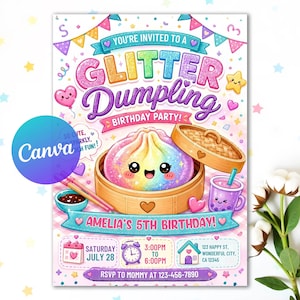 Glitter Dumpling Birthday Invitation, Funny Kids Squishy Dumpling Theme, Girl Party Invite, Editable Canva Template, Instant Download