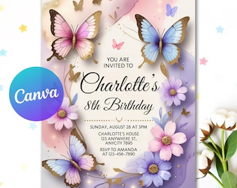 May include: A birthday invitation featuring a watercolor design with butterflies and flowers. The invitation reads "You are invited to Charlotte's 8th Birthday" with event details. The design includes pink, purple, and gold accents.