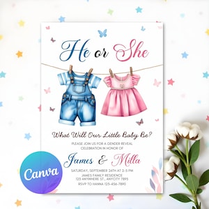Editable Gender Reveal Invite Template, Vintage Baby Clothes Gender Reveal, He or She Vintage Baby Clothesline Invite, Digital Download