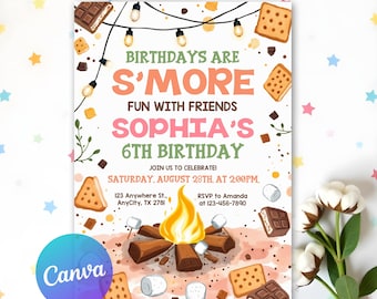 Edytowalne zaproszenie urodzinowe Smores, ognisko na świeżym powietrzu, zaproszenie na kemping, zaproszenie na kemping w ogrodzie dla dzieci, do druku, edytowalne