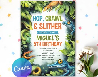 May include: A colorful invitation for a 5th birthday party with a jungle theme. The invitation features a green, orange, and blue color scheme with illustrations of a snake, lizard, and alligator. The text on the invitation reads "Hop, Crawl & Slither On Over to Party Miguel's 5th Birthday" with details about the party date, time, and location.