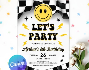 Puede incluir: Una invitación de fiesta de cumpleaños blanca y amarilla con un diseño de bandera a cuadros. La invitación dice "Let's Party" y "Join us to celebrate Arthur's 8th Birthday". La fecha es martes, 26 de agosto. La hora es de 2:00-4:00 PM. La ubicación es Arthur's House, 123 Doctors Street, Los Angeles, CA. El número de RSVP es 123-456-7890.