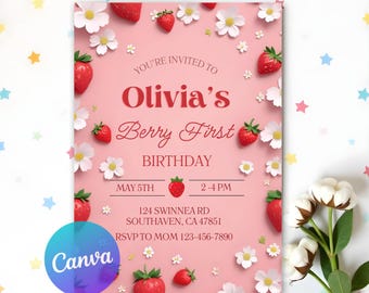Berry First Birthday Invitation, Berry 1st Birthday Invite, Strawberry First Birthday Invite, Girls 1st Birthday Invitation, Red Strawberry
