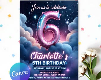 Editable Pink 6th Birthday Invitation Template Glitter Birthday Party Invite Rainbow Foil Girl Sixth Birthday Instant Download Digital