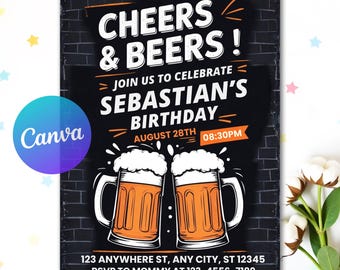 編集可能な乾杯とビールの誕生日招待状、ビールの招待状、男性向け誕生日招待状、30歳の誕生日、40歳の誕生日のデジタル招待状、Canvaテンプレート