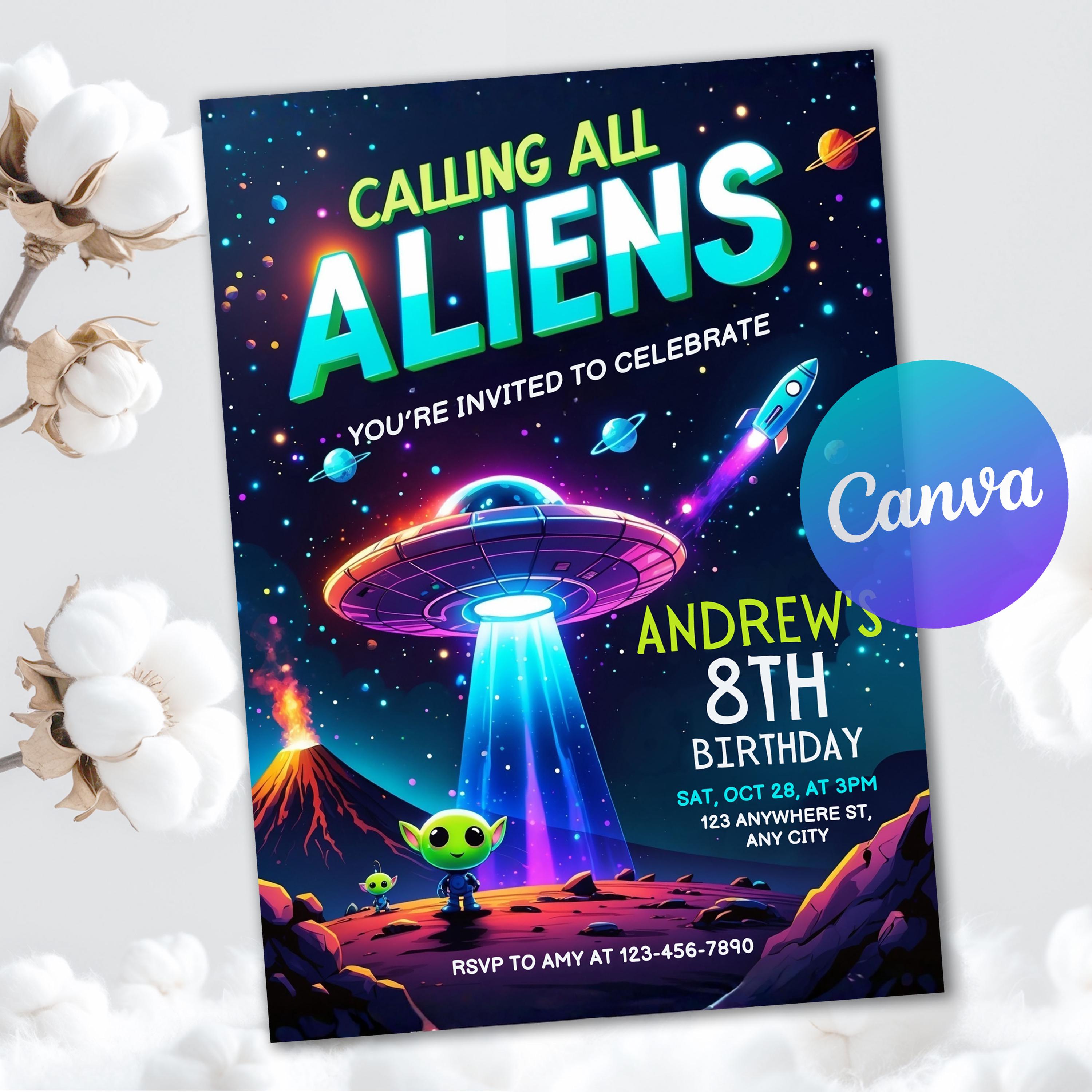 Editable Alien Birthday Invitation, UFO Invitations, Spaceship Party ...