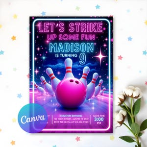 Invitation de bowling modifiable, invitation bowling phosphorescente, soirée bowling fluo, Amusons-nous, fête d'anniversaire fluo, toile modifiable