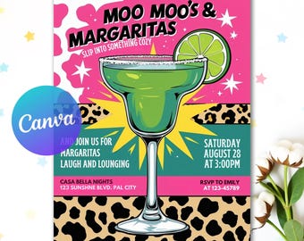 Moo Moos & Margaritas Girls Night Party Einladung, Leopardenmuster, bearbeitbare Vorlage, Tropische Junggesellenparty einladen, digitaler Download
