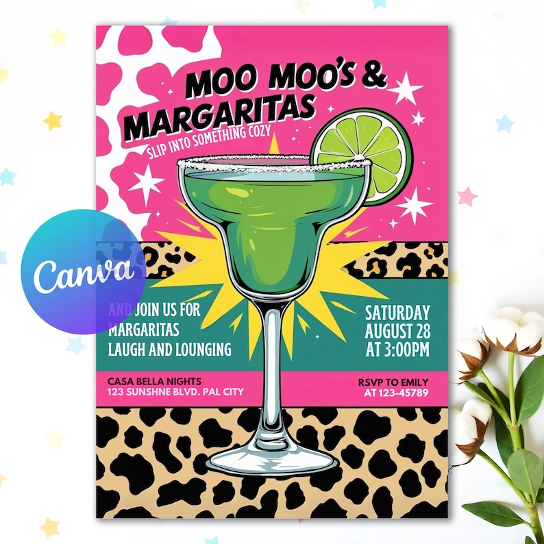 moo moos, girls day fun, girls night decor, ladies night invite, bachelorette invite, digital invitation, margarita invite, pajama party invite, cheetah print, leopard print, brunch invitation, girls night party, glam party invite