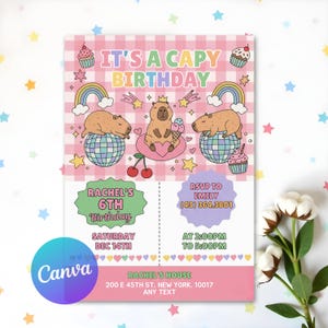 Capybara Birthday Invitation, Cute Pink Capy Birthday, Preppy Smile Teen Party, Animals Kid&#39;s Birthday Girl Theme, Canva Editable Template