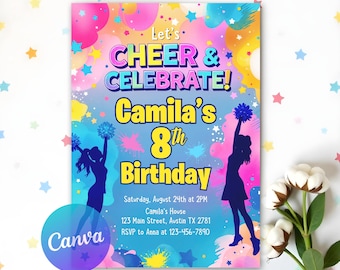 Cheerleading Birthday Invitation, Cheerleader Theme Party Invite, Cheerleader Invitation, Girl Cheerleader Invitation, Editable Digital