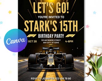 Invitation d'anniversaire de formule un, fête de voiture de course, thème F1, invitation de voiture de course de sport, invitation de garçons, téléchargement numérique