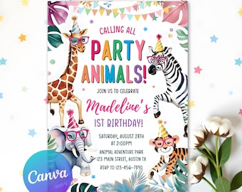 Invitación de cumpleaños editable con animales de fiesta, estampado de guepardo, arcoíris pastel, estampado de leopardo, animales de safari salvajes, invitación para fiesta de cumpleaños, descarga