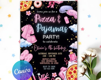 Invitación de cumpleaños de pizza y pijamas, invitación de cumpleaños para pijamadas, fiesta de pijamas, invitación para pijamadas, descarga digital