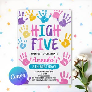 Bearbeitbare High Five-Geburtstagsfeiereinladung, Hi Five-Geburtstagsfeier zum 5. Geburtstag, Bunte Geburtstagseinladung, Canva-Vorlage, digitaler Download
