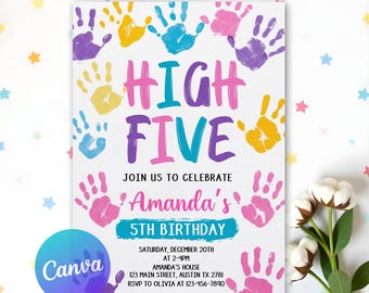 Editable High Five Birthday Party Invitation, Hi Five 5th Birthday Party, Colorful Birthday Invite, Canva Template, Digital Download