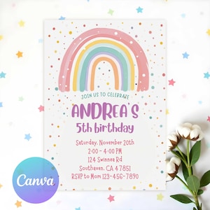 Invitación de cumpleaños de arcoíris editable, fiesta de arcoíris para niñas, invitación de fiesta de arcoíris en colores pastel, invitación de cumpleaños de arcoíris, primer cumpleaños de niña