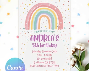 EDITABLE Rainbow Birthday Invitation, Girls Rainbow Party, Colorful Pastel Rainbow Party Invite, Rainbow Birthday Invite, Girl 1st Birthday