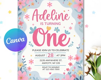 May include: A floral-themed birthday invitation with the text "Adeline is turning One." The invitation features pink and yellow flowers, blue accents, and the date August 28 at 2 PM. The Canva logo is in the corner.