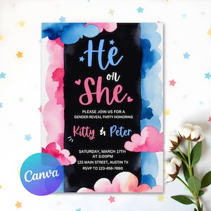 Gender Revel He Or She Baby Shower Invitation, Baby Boy Or Girl Party Invite, Baby Gender Reveal Invite, Pink Blue Shower, Canva Template