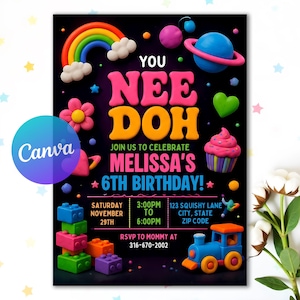 Faire-part d'anniversaire spongieux Nee Doh, invitation à une fête sensorielle modifiable, invitation à une fête spongieuse, modèle de toile, téléchargement immédiat