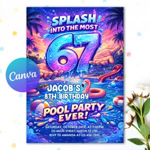 Könnte beinhalten: Eine lebendige Poolparty-Einladung mit dem Text "Splash into the Most 67 Pool Party Ever!" mit einer Poolszene mit einem Flamingo-Schwimmer und einer Wasserrutsche. Die Einladung ist für Jacobs 8. Geburtstag.