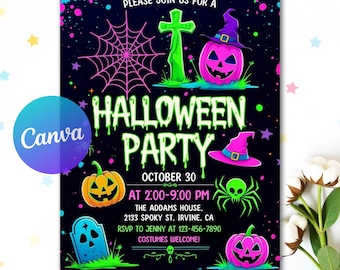 Editable Neon Halloween Birthday Invitation, Spooky Halloween Invite, Printable Neon Halloween Invite, Canva Template