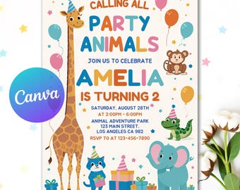 Digital bearbeitbare Einladung für alle Partytiere, Partytierfeier Kindergeburtstag, Geburtstag für jedes Alter bearbeitbar Einladen Download