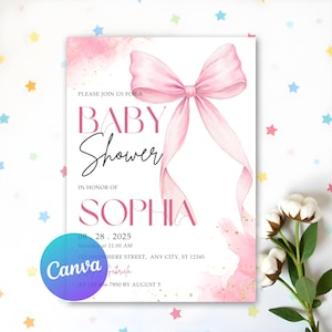 Pink Bow Baby Shower Invitation Template, Pink Coquette Baby Shower Invite, Pink Watercolor Ribbon, Girl Coquette Bow, Digital Template