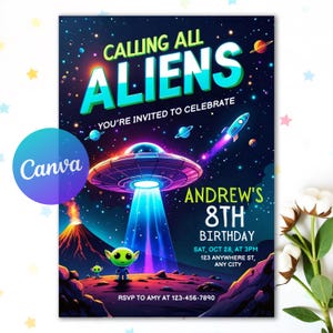 May include: A colorful invitation with a space theme. The text "CALLING ALL ALIENS" is at the top, with "YOU'RE INVITED TO CELEBRATE" below. It includes a UFO, a rocket, and an alien. The invitation is for Andrew's 8th birthday.