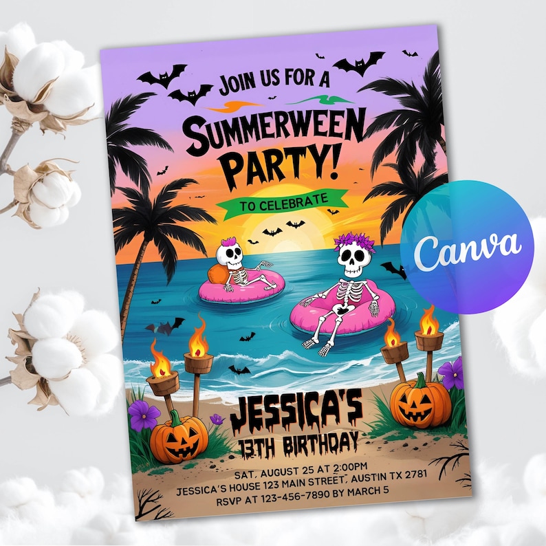 Puede incluir: Una colorida invitaci&oacute;n para una fiesta de Summerween. El dise&ntilde;o presenta esqueletos en flotadores inflables, palmeras, murci&eacute;lagos y calabazas. El texto dice "&iexcl;&Uacute;nete a nuestra fiesta de Summerween!" y "13 cumplea&ntilde;os de Jessica".