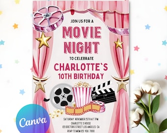 May include: Pink and white movie night party invitation with a movie reel, popcorn, and clapperboard. The invitation says "Join us for a Movie Night to celebrate Charlotte's 10th Birthday".